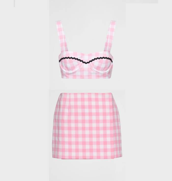 Greta Gerwig Barbie Shirt - prada pink gingham top and skirt