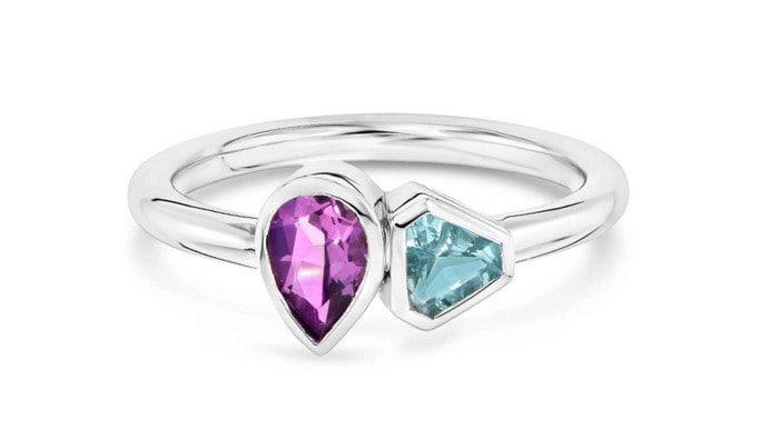 Non Traditional Engagement Rings - Amethyst and Aquamarine Shield Toi et Moi Ring