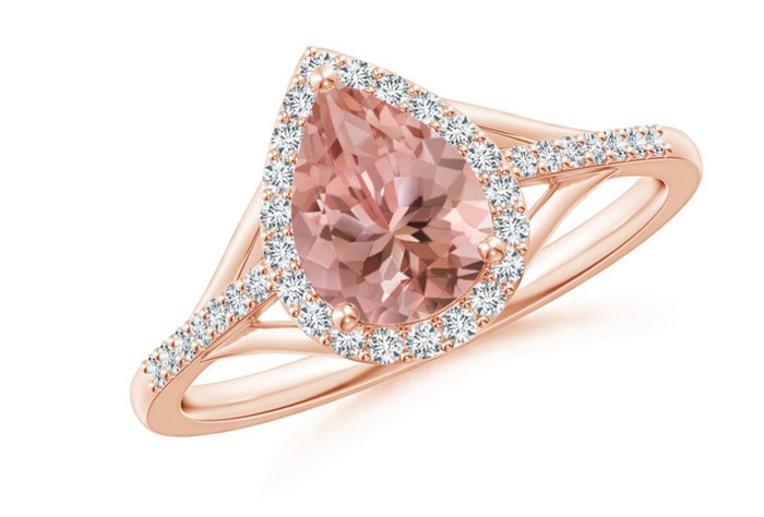 Non Traditional Engagement Rings - Pear-Shaped Morganite Ring with Diamond Halo