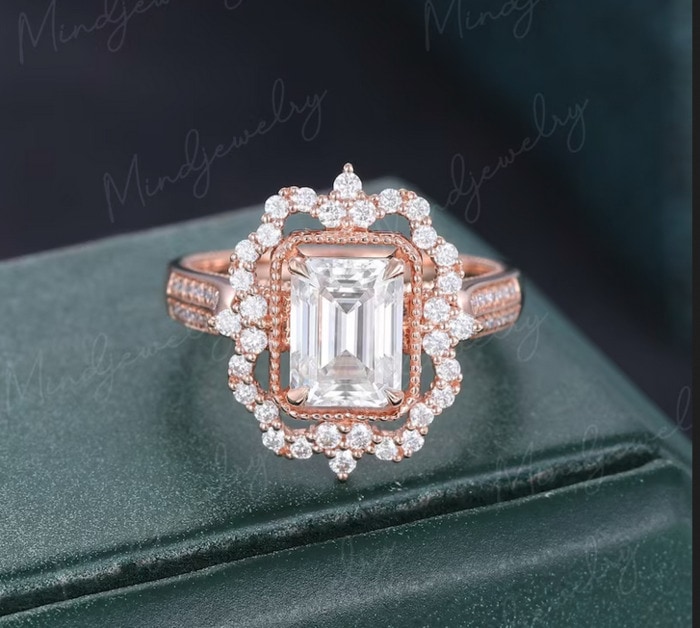 Non Traditional Engagement Rings - Art Deco Emerald Cut Moissanite Engagement Ring