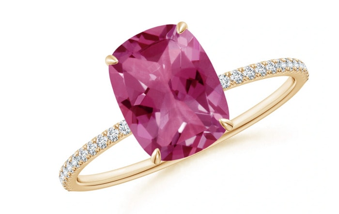 Non Traditional Engagement Rings - Thin Shank Cushion Cut Pink Tourmaline Ring with Diamond Accents