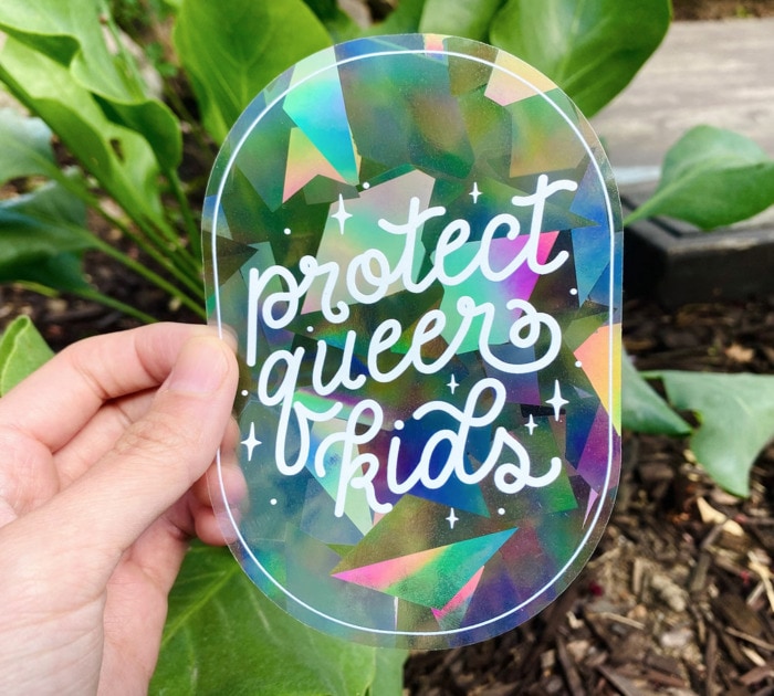 pride products that give back - protect queer kids suncatcher sticker