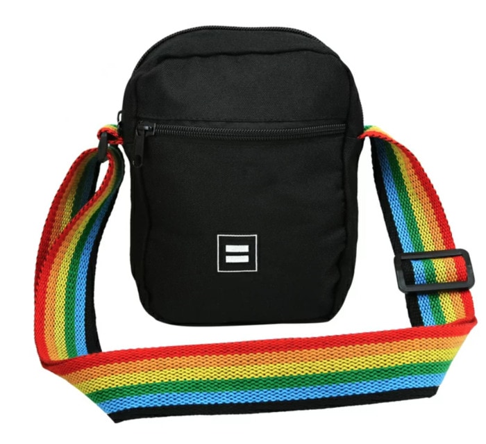 pride products that give back - rainbow strap cross-body bag