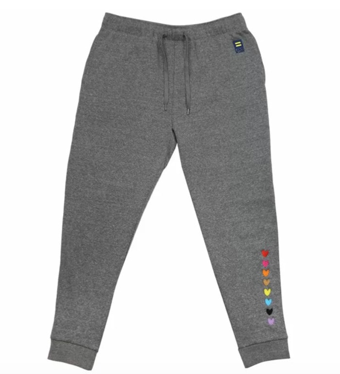 pride products that give back - rainbow heart embroidered sweatpants