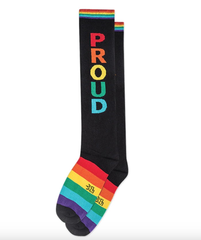pride products that give back - proud rainbow knee socks