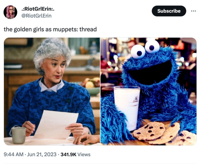 Golden Girls as Muppets - Dorothy in blue with Cookie Monster