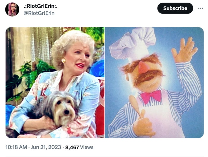 Golden Girls as Muppets - Rose in a blue shirt with the Swedish Chef