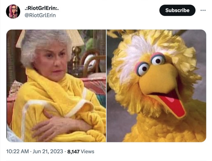 Golden Girls as Muppets - Dorothy in a yellow sweater with Big Bird
