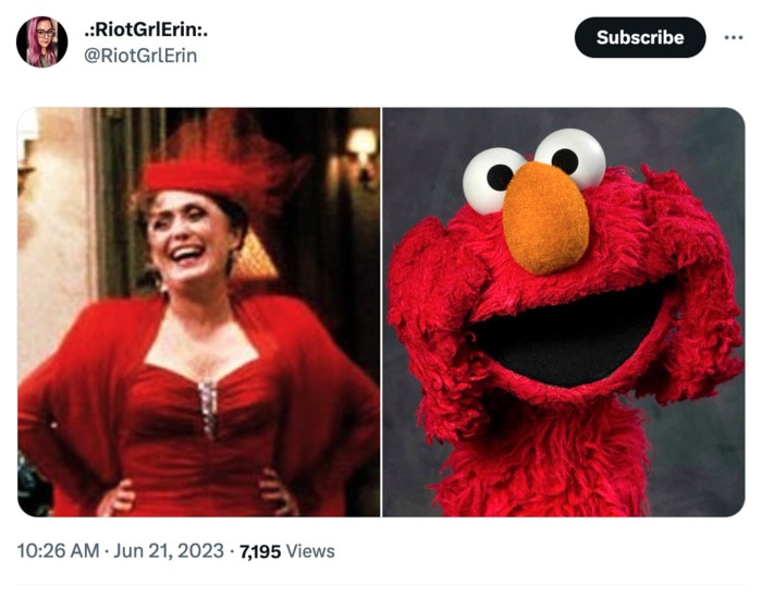 Golden Girls as Muppets - Blanche in a red dress with Elmo