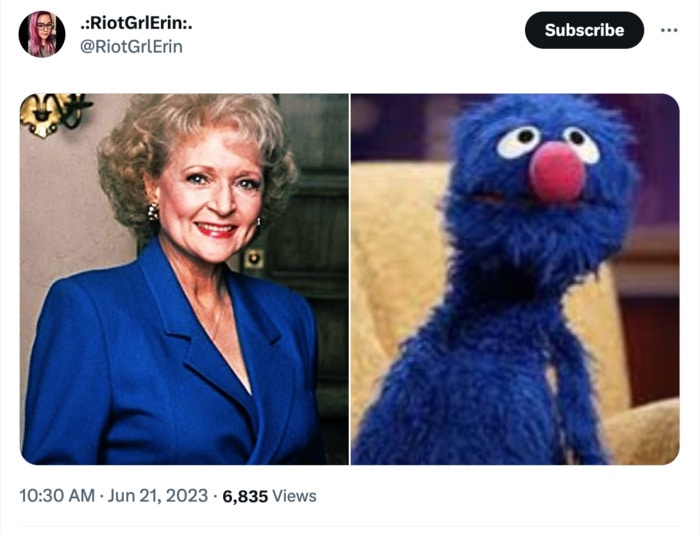 Golden Girls as Muppets - Rose in a blue blazer with Grover