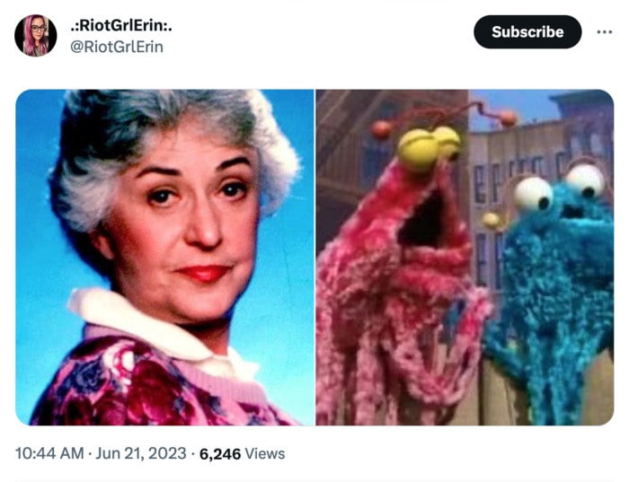 Golden Girls as Muppets - Dorothy in a glittery pink shirt with the Martians