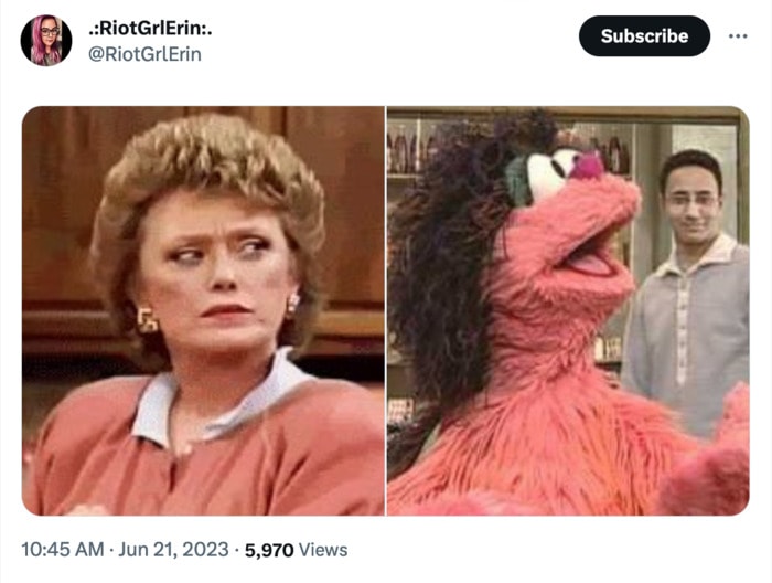 Golden Girls as Muppets - Blanche in a salmon shirt with pink muppet