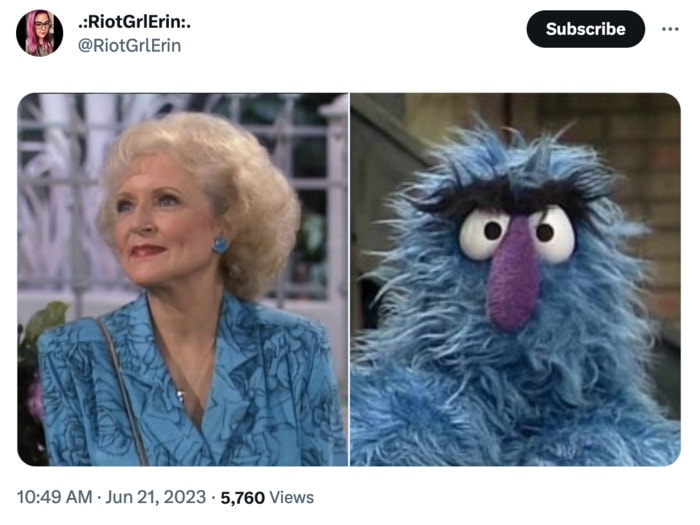 Golden Girls as Muppets - Rose in a light blue shirt with Herry