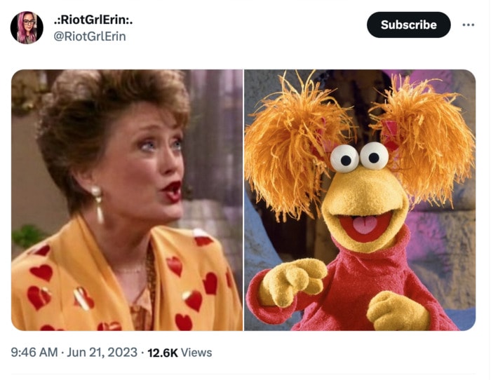 Golden Girls as Muppets - Blanche in a yellow sweater with hearts on it with the Red Fraggle
