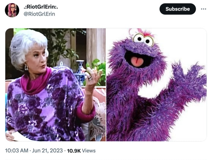 Golden Girls as Muppets - Dorothy in a purple sweater with Filfil
