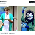 Golden Girls as Muppets - Blanche in a green robe sweater with Crazy Harry