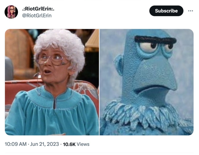 Golden Girls as Muppets - Sophia in a blue housedress with Sam the Eagle