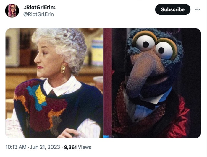 Golden Girls as Muppets - Dorothy in a sweater and button down with Gonzo