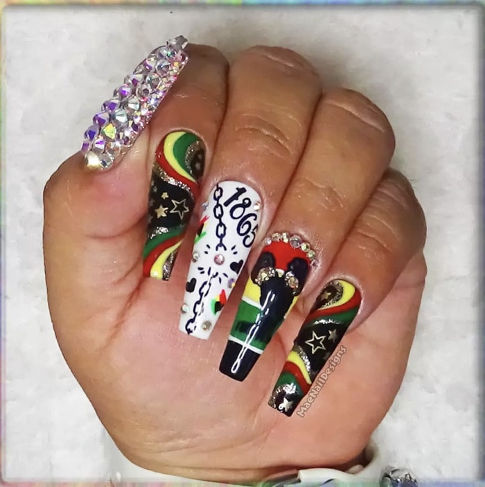 Juneteenth Nail Designs - Bedazzled Juneteenth Nails
