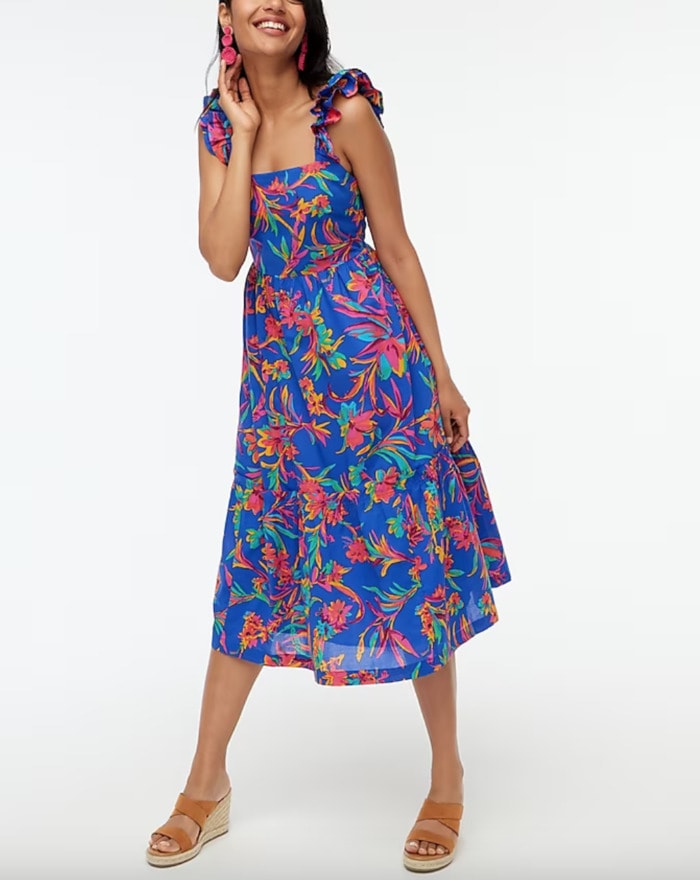 summer wedding guest dresses - blue red and green florals