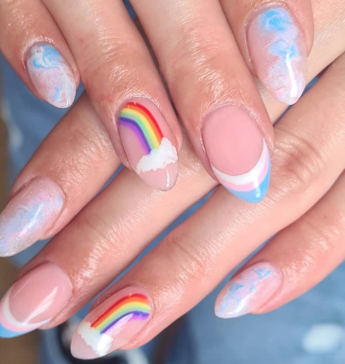 trans pride nails - rainbows and clouds