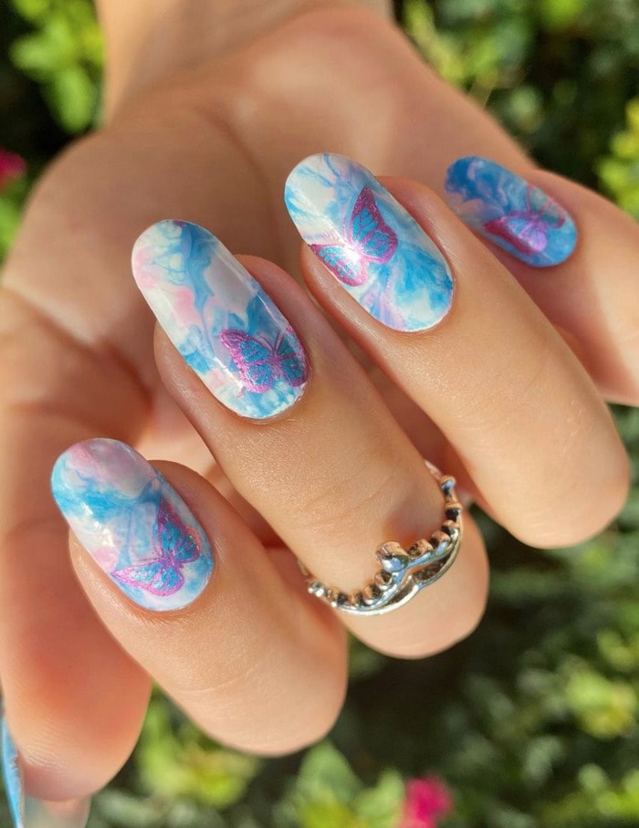 trans pride nails - tie dye butterfly