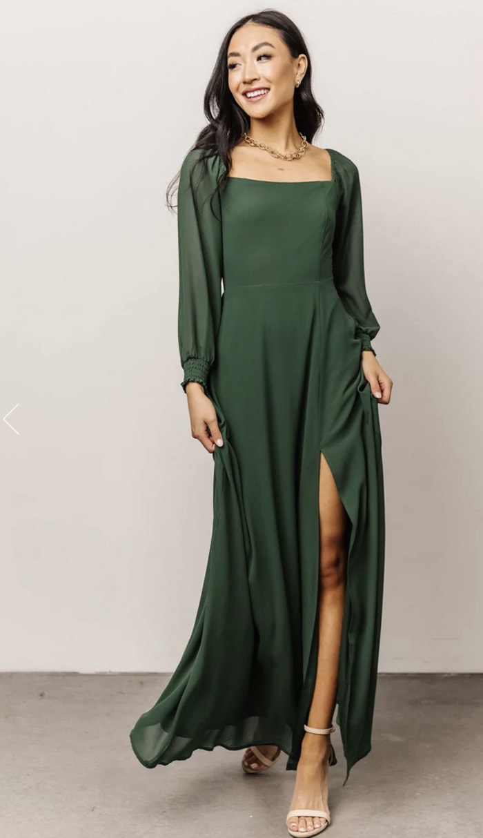 best fall wedding guest dresses 2023 - long sleeve green maxi dress