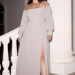 best fall wedding guest dresses 2023 - beige off the shoulder maxi dress