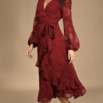 best fall wedding guest dresses 2023 - ruffled red flowy wrap dress