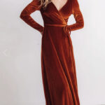best fall wedding guest dresses 2023 - rust velvet long dress