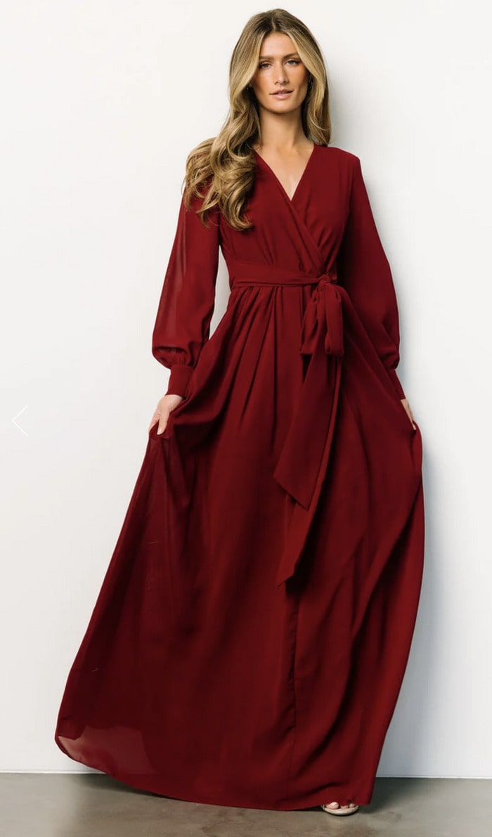 best fall wedding guest dresses 2023 - long red maxi dress long sleeves