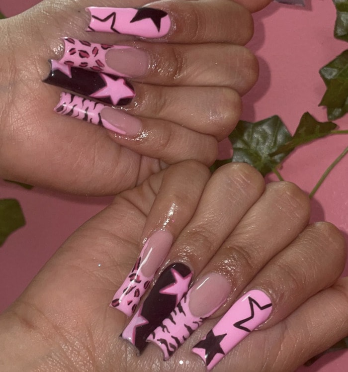 Black and pink nails - stars and leopard spots