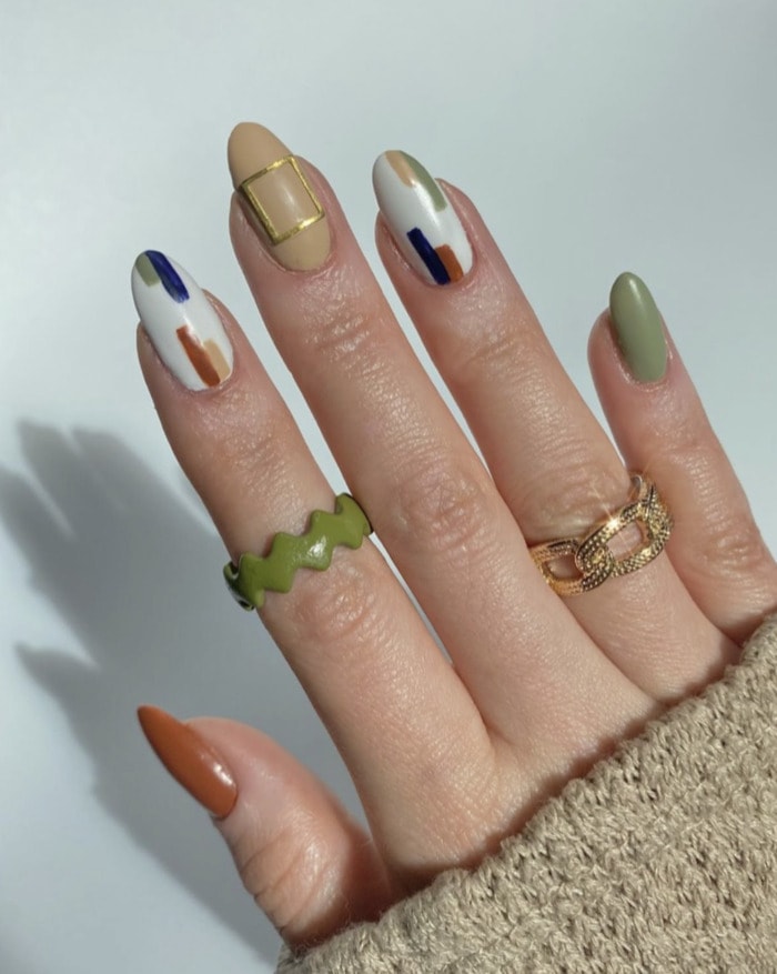fall nail designs 2023 - mismatched earth toned art deco