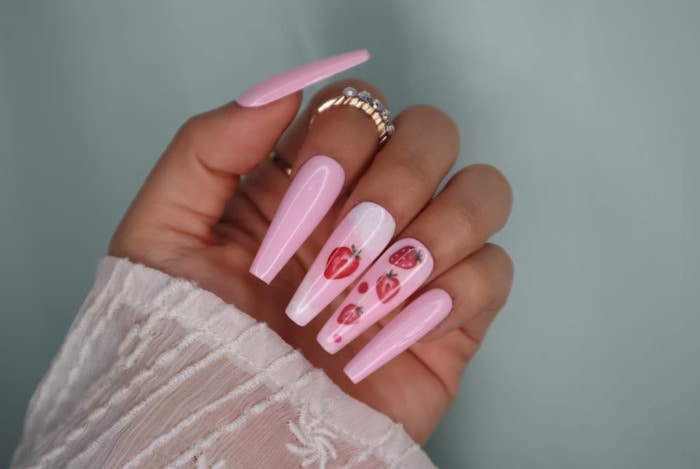 Strawberry Milk Nails - strawberry coffin nails
