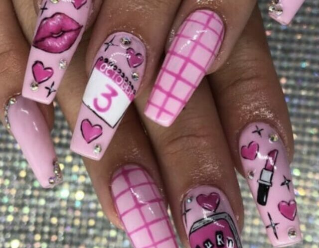 mean girls nail ideas - bedazzled pink icon nails