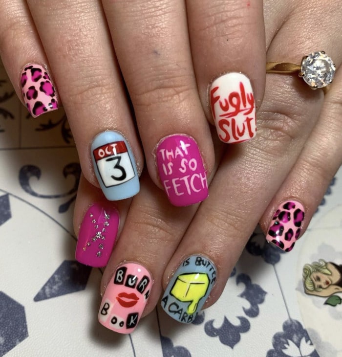 mean girls nail ideas - colorful quote nails