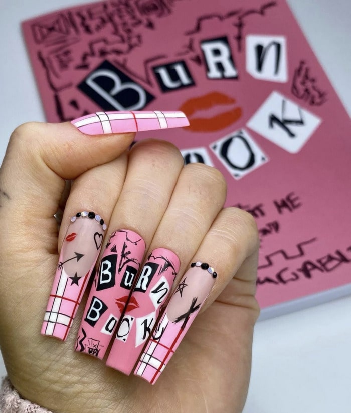 mean girls nail ideas - burn book cover nails