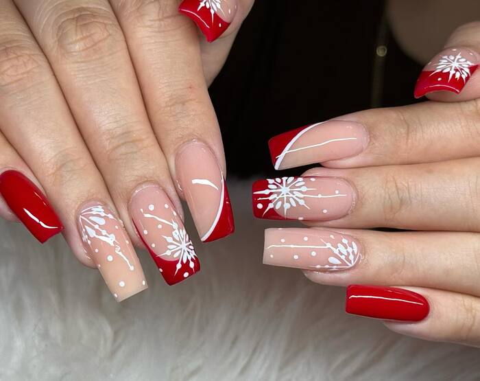 New Years Nails Ideas 2024 - snowflakes and red accents