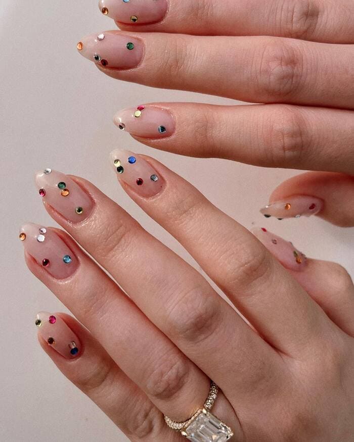 New Years Nails Ideas 2024 - Put colorful stones on nude nails