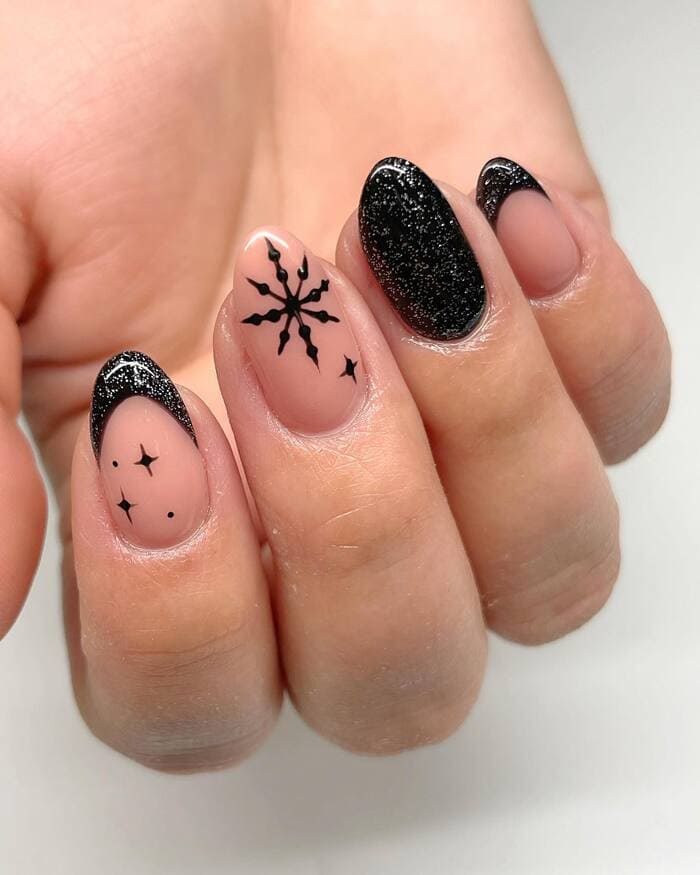 New Years Nails Ideas 2024 - Add black accents to a nude nail