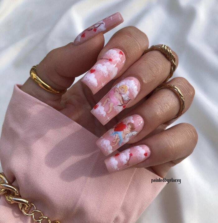 Valentine's Day Nail Ideas - Hand-Painted Cupid Nails