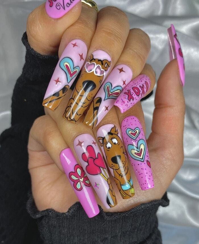 Valentine's Day Nail Ideas - Pink Scooby Doo Press On Nails