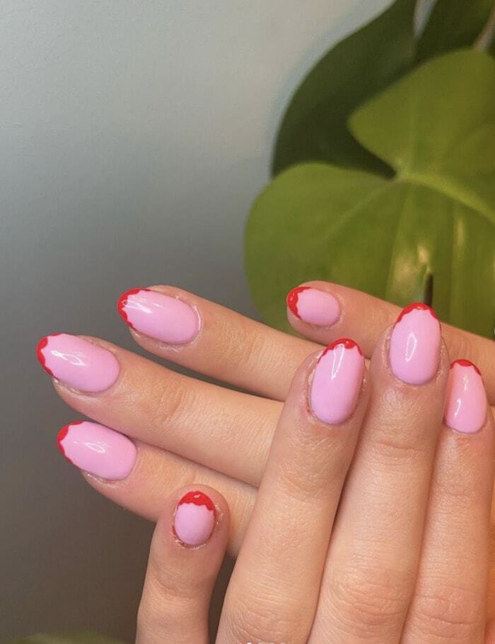 Valentine's Day Nail Ideas - Pink Nails with Red Scalloped Tips