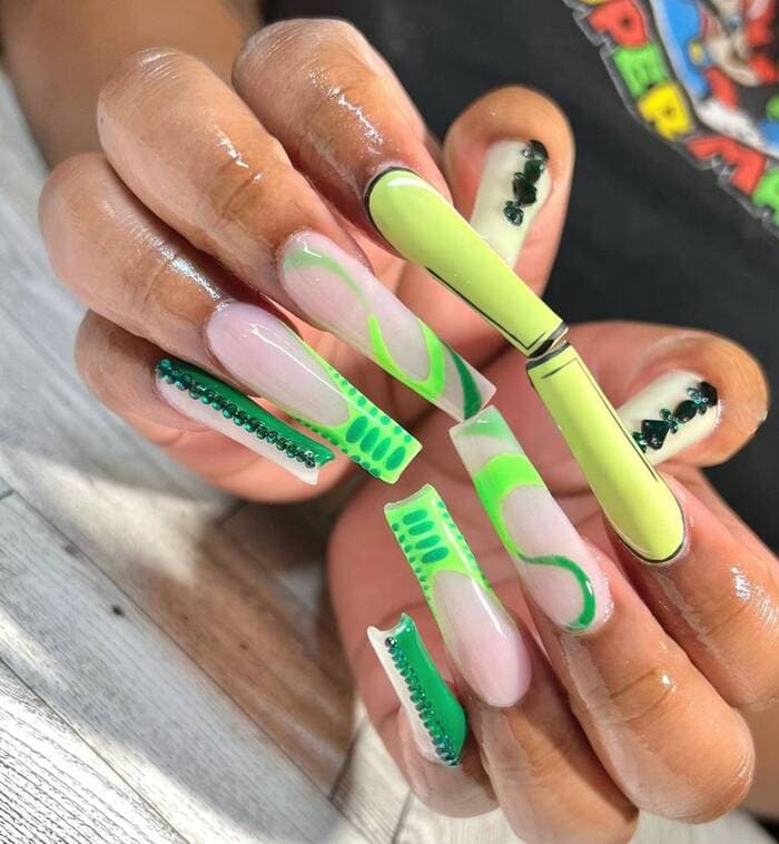 Green Nail Designs - Neon Mix And Match Coffin Nails